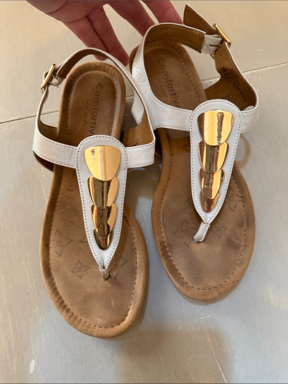 Comfortiva White T-Strap Sandals with Gold Buckle